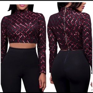womens Black and Burgundy sequin crop top